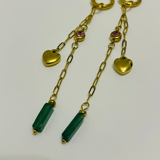 Green and Pink Heart Gold Plated Earrings