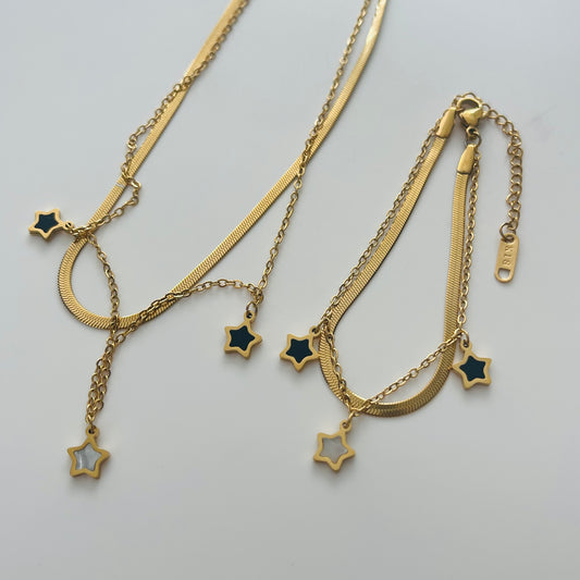 Gold Plated Layered Star Set with Necklace and Bracelet